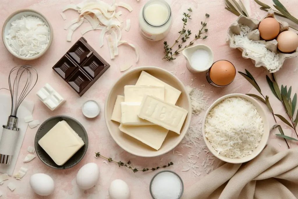 Ingredients for white chocolate coconut cake recipe photo wccc including white chocolate, butter, flour, coconut milk, and shredded coconut in cream bowls on blush marble countertop