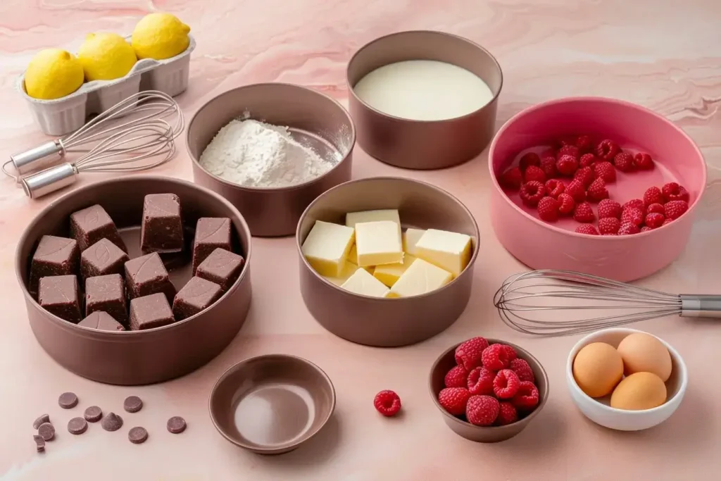 Ingredients for white chocolate raspberry cake recipe photo w2 including white chocolate, butter, flour, eggs, and fresh raspberries in cream bowls on blush marble countertop