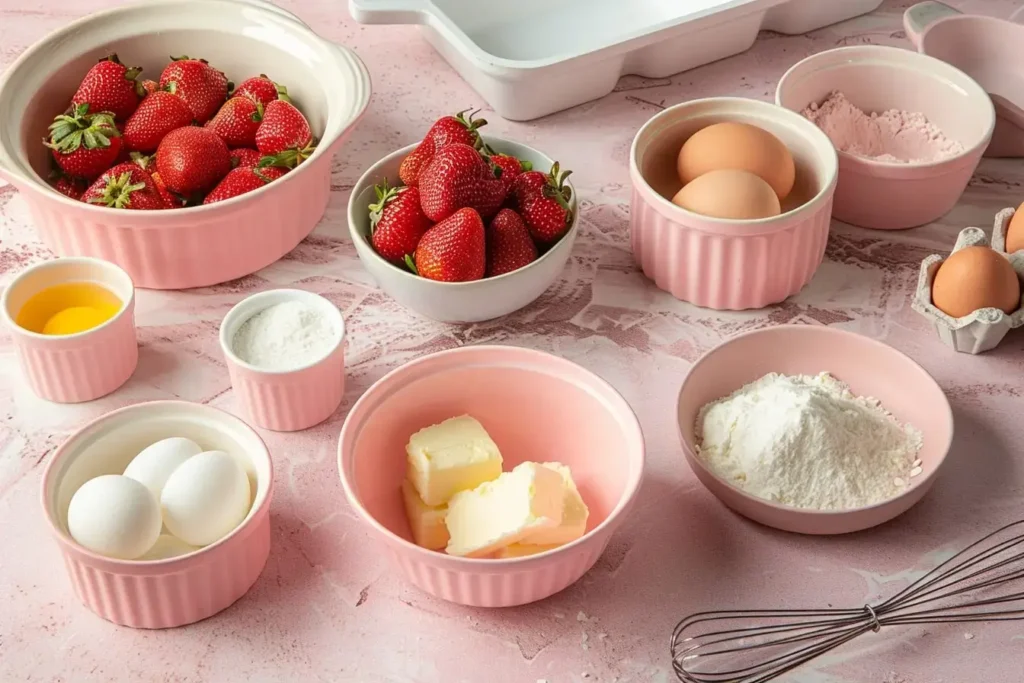 Ingredients for white chocolate strawberry cake recipe photo 60 including white chocolate, butter, flour, egg whites, and fresh strawberries in cream bowls on blush marble countertop
