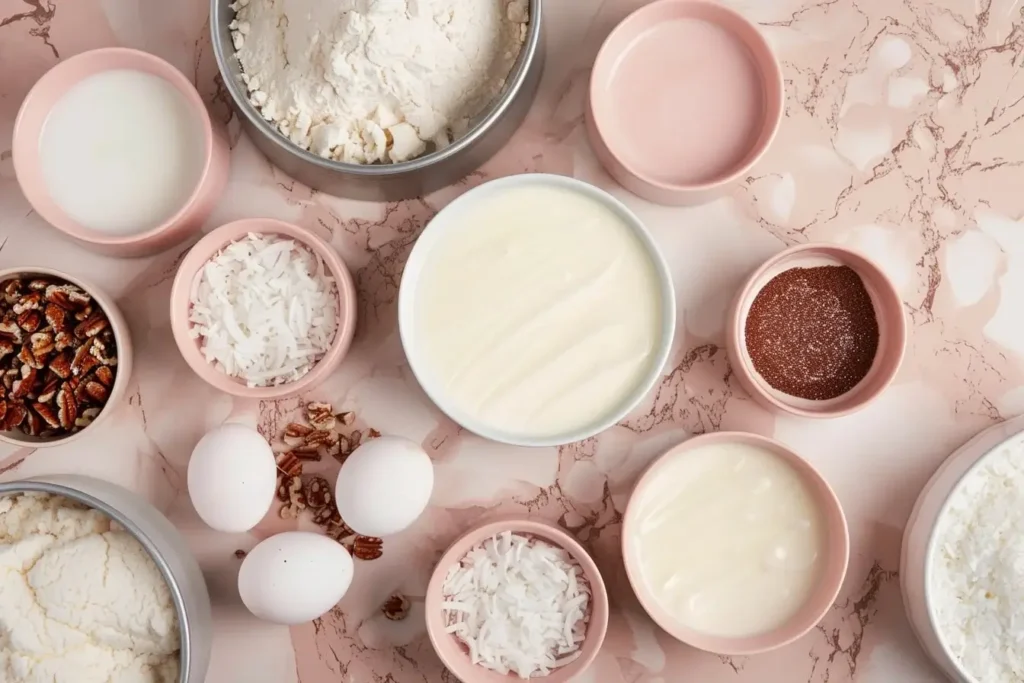 Ingredients for white german chocolate cake recipe photo 3 including cake flour, egg whites, butter, and coconut-pecan frosting components in cream bowls on blush marble countertop