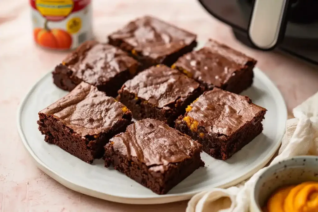 Close-up of fudgy two-ingredient brownies made from chocolate cake mix and pumpkin purée in an air fryer, cut into squares with a dense, moist texture. Displayed on a white ceramic plate on a blush or ivory surface with natural daylight. A can of pumpkin purée and a partially visible air fryer are in the background, with a neatly folded cream linen napkin adding texture.