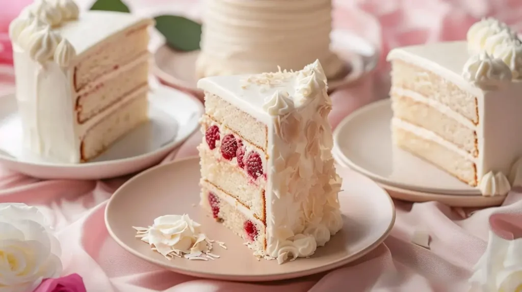 Side view of three White Chocolate Cake Recipes Section photo 15 : raspberry cake slice, coconut cake piece, and wedding cake with buttercream on cream plates on blush tablecloth