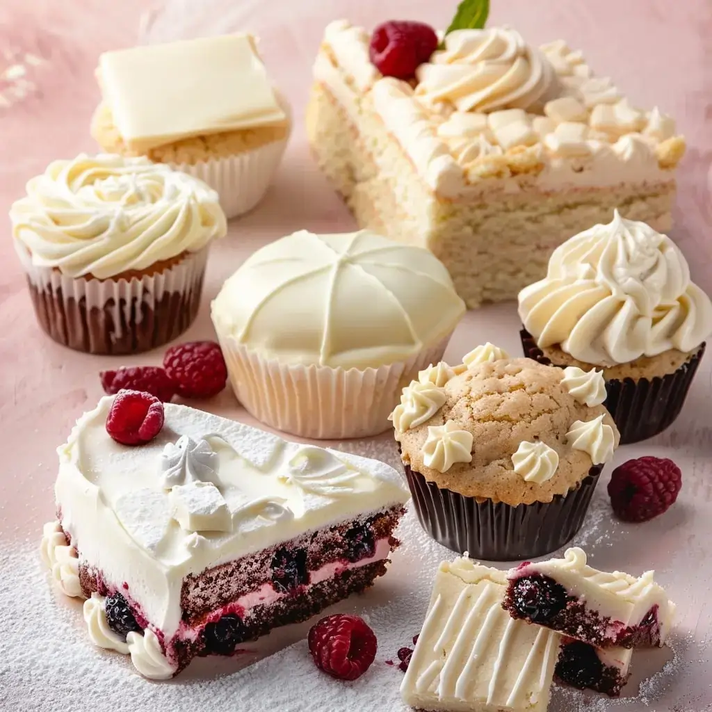 Assortment of elegant White Chocolate Cake Recipes categore hom page desserts including cupcakes and cake slices with raspberries on a pink background