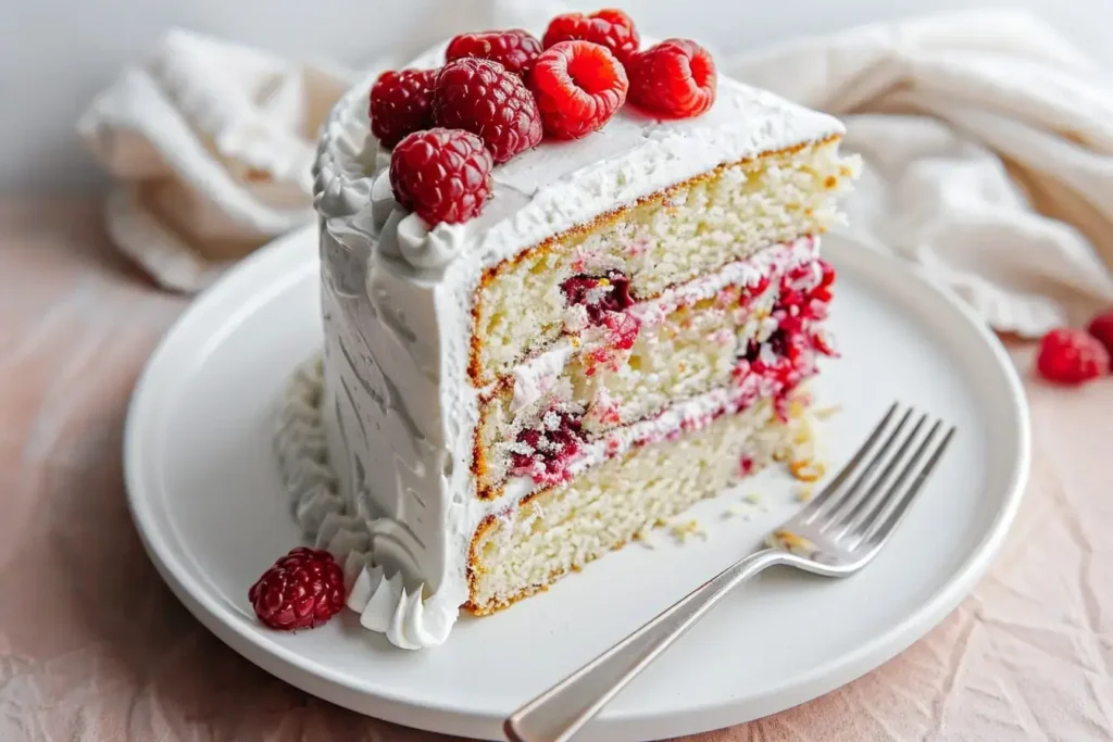Slice of white chocolate layer cake with raspberries and white frosting.White Chocolate Cake Section