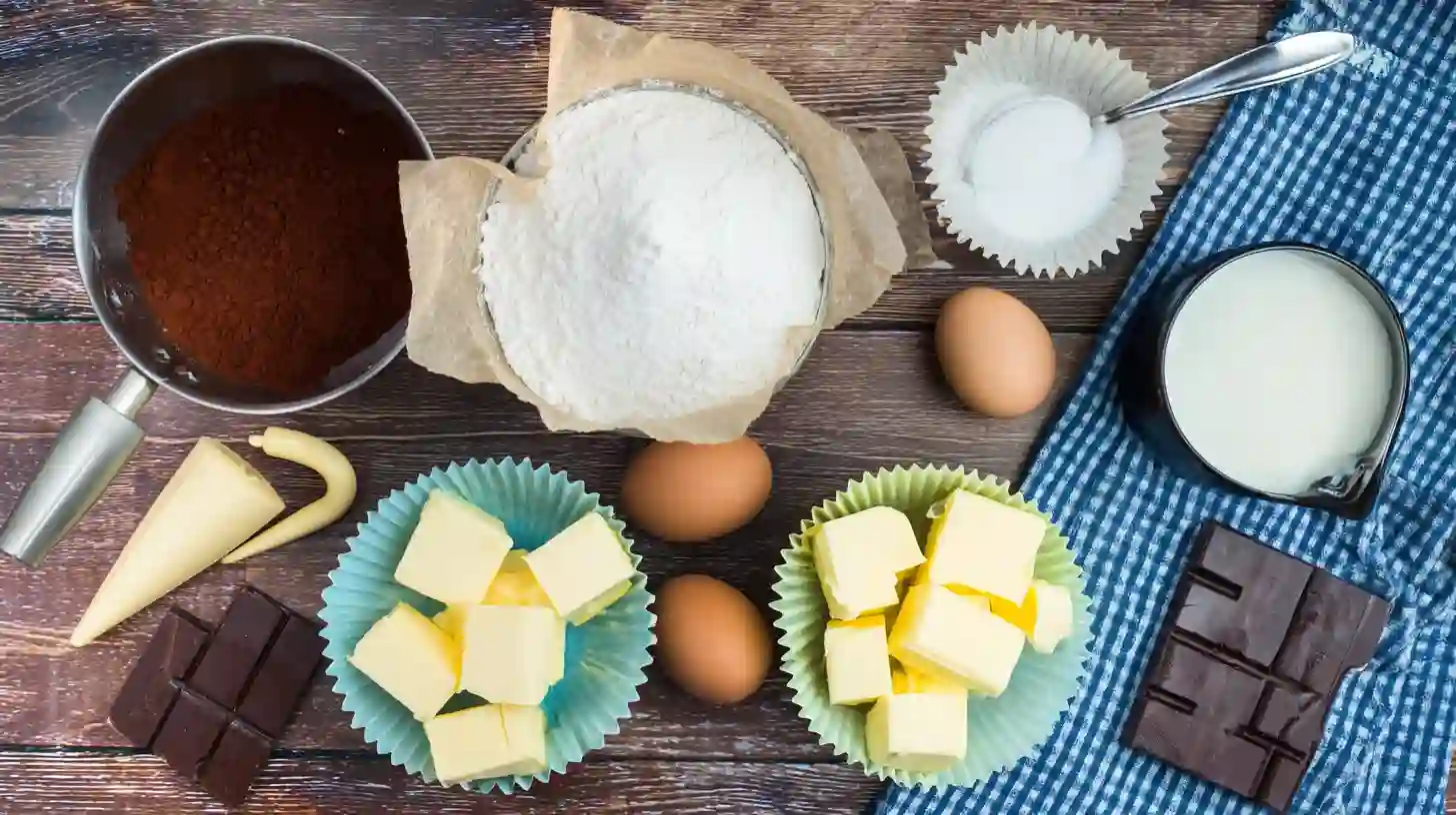 air-fryer-chocolate-cupcakes-ingredients-easy-recipes Air Fryer Chocolate Cupcakes ingredients laid out – easy dessert recipes for busy professionals