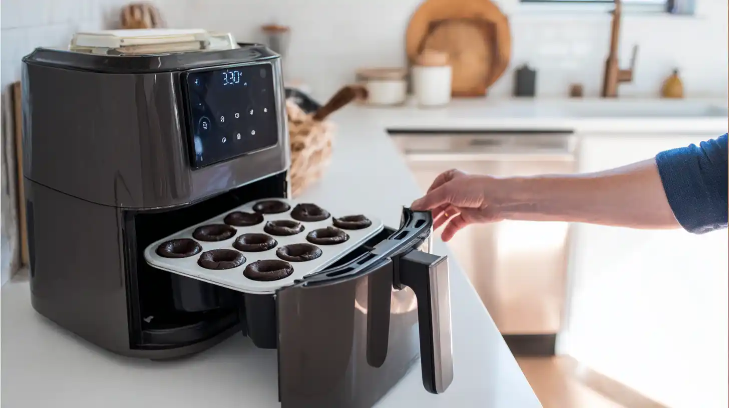 air-fryer-chocolate-donut-mug-cakes-airfrying Air frying chocolate donut mug cakes at 320°F – quick desserts for busy moms, healthy air fryer snacks for families, best air fryer cake tools