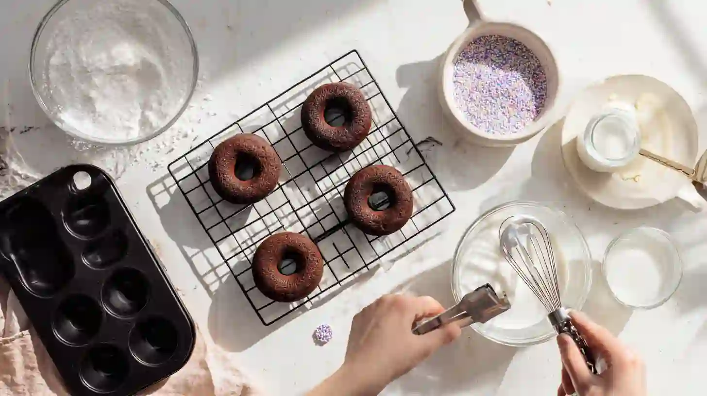 air-fryer-chocolate-donut-mug-cakes-cooling-before-glaze Cooling air fryer chocolate donut mug cakes before glazing – easy air fryer desserts, healthy dessert ideas for families, best cake mix baking tips