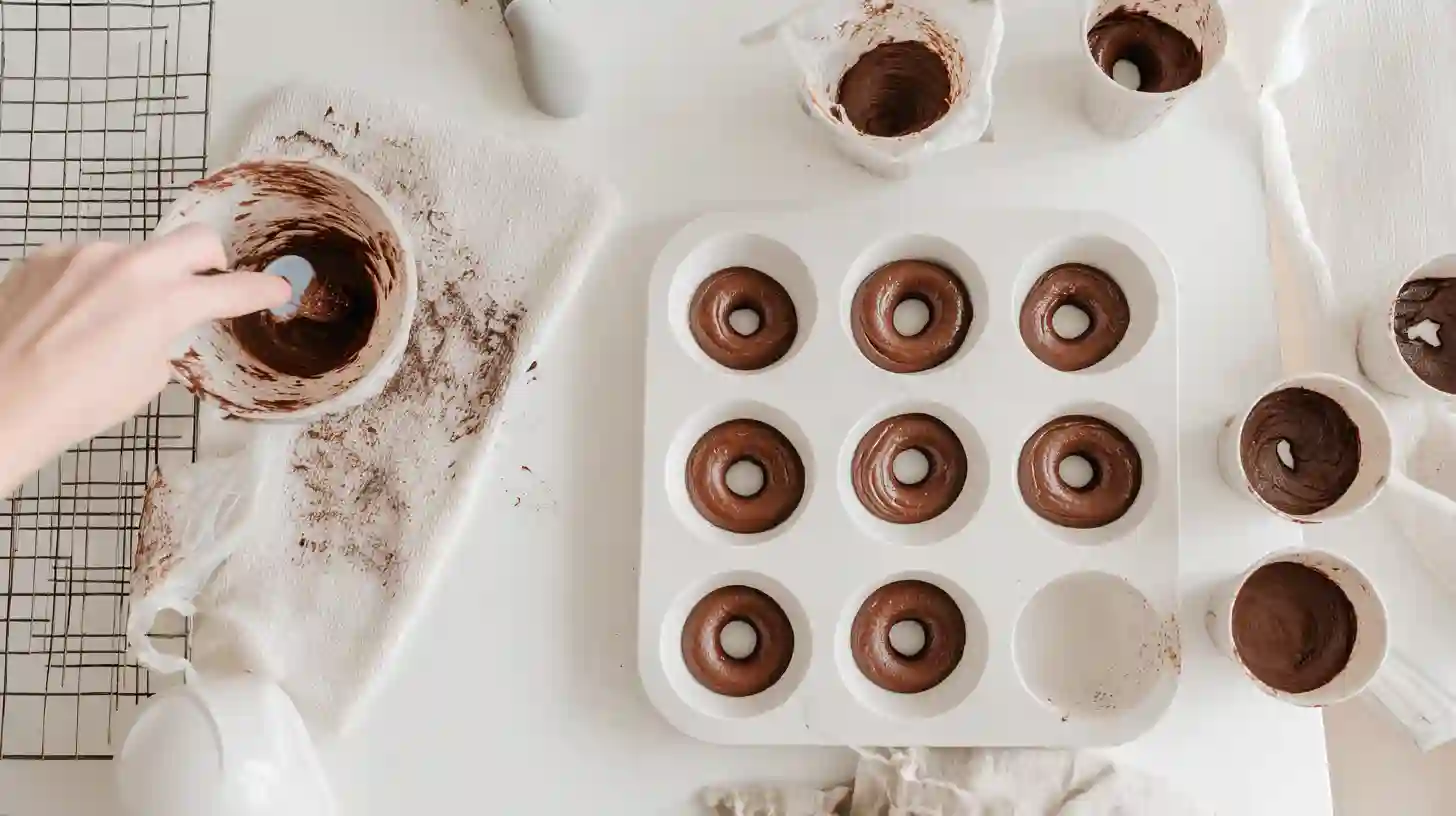 air-fryer-chocolate-donut-mug-cakes-fill-molds Filling silicone molds with thick batter for air fryer chocolate donut mug cakes – quick desserts for families, best cake mix donuts, air fryer baking tools