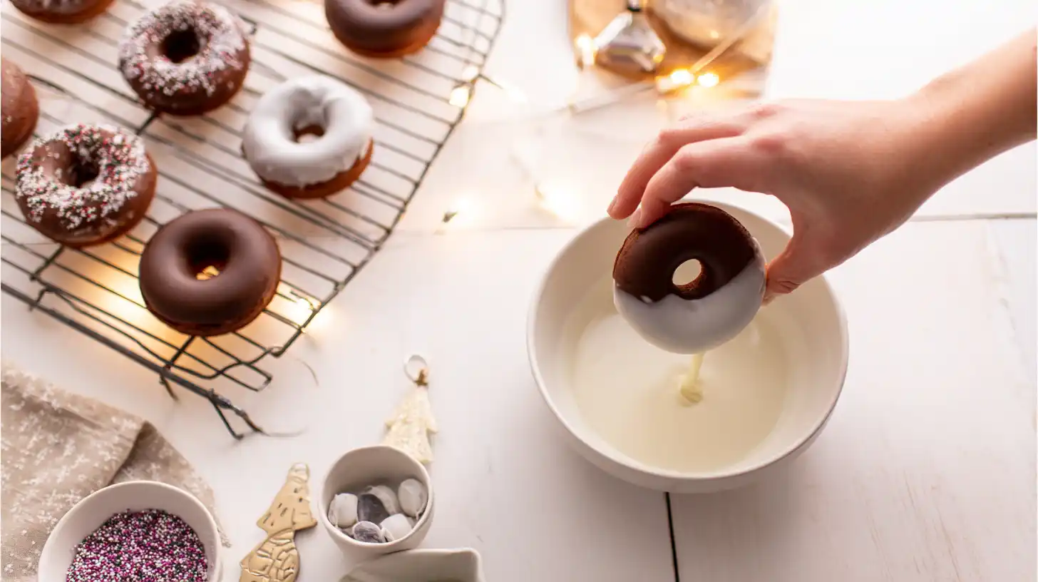 air-fryer-chocolate-donut-mug-cakes-glazing-and-sprinkles Glazing and decorating air fryer chocolate donut mug cakes – quick cake mix recipes, fun desserts for kids, easy air fryer baking ideas