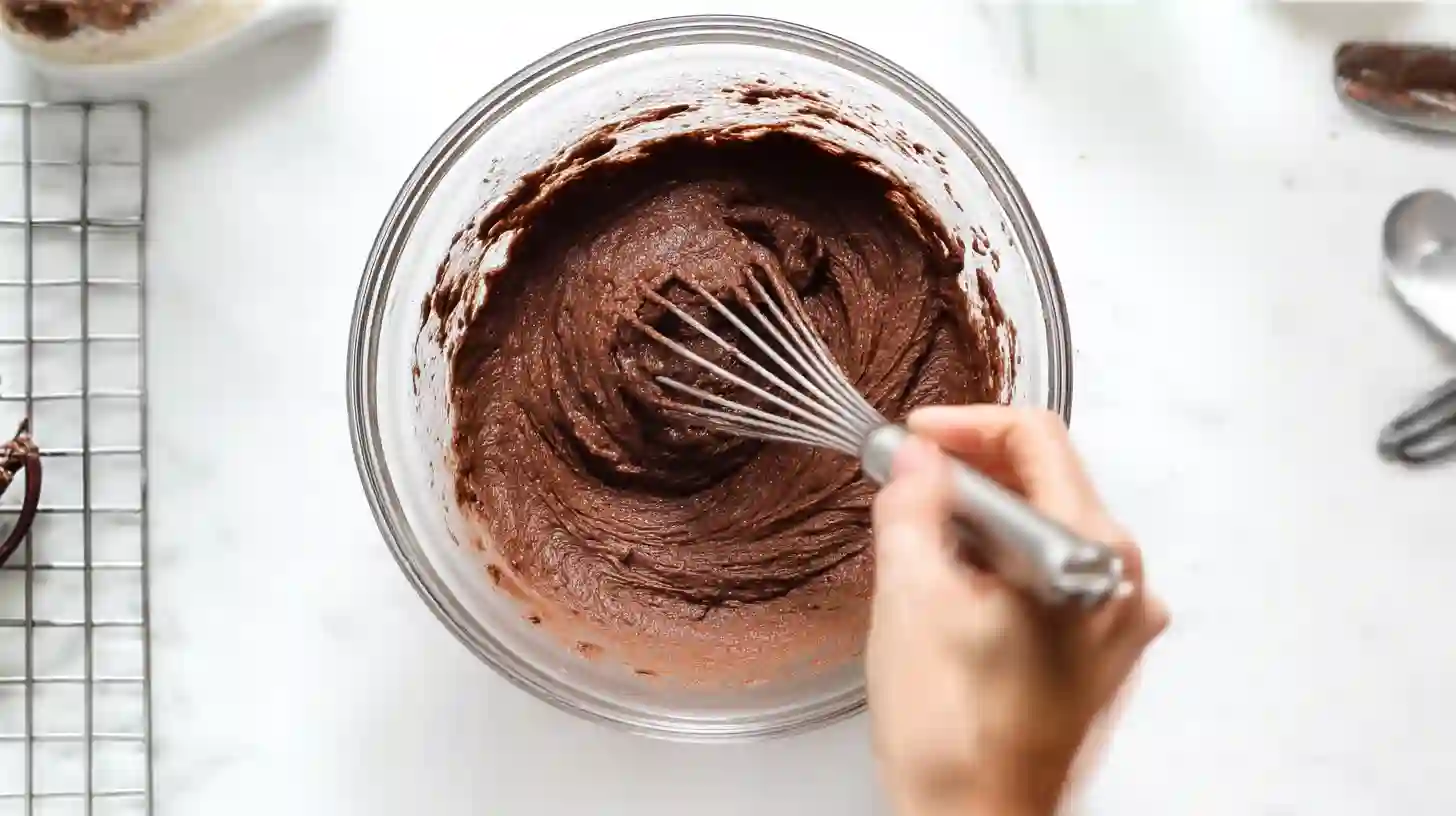 air-fryer-chocolate-donut-mug-cakes-mixing-batter Mixing thick chocolate cake batter for air fryer mug cakes – best cake mix for desserts, easy baking recipes for moms, healthy air fryer snacks