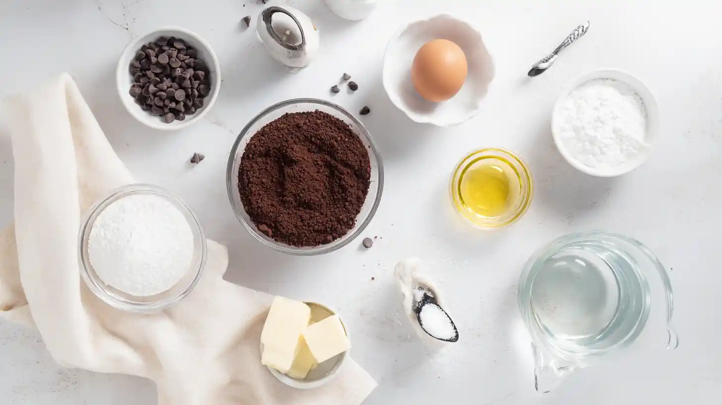 air-fryer-chocolate-lava-cakes-ingredients-image Air fryer chocolate lava cakes ingredients flat lay quick desserts under 15 minutes.ingredients-image