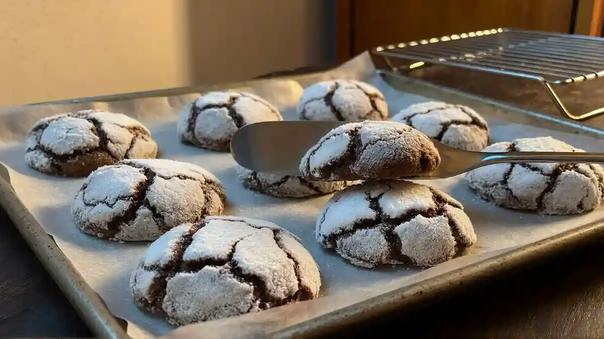 Freshly baked chocolate crinkle cookies with classic crackled tops cooling on wire rack for easy homemade holiday baking