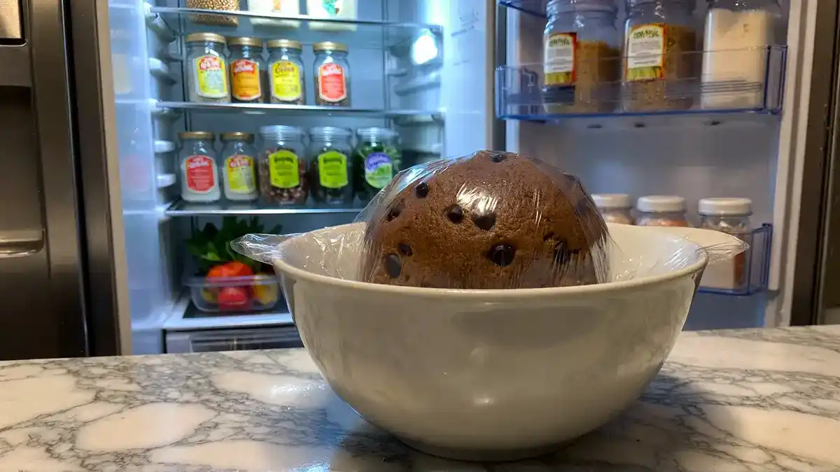 Step 2 chilling chocolate crinkle cookie dough made from cake mix in refrigerator wrapped in plastic for easy rolling and no-mess baking