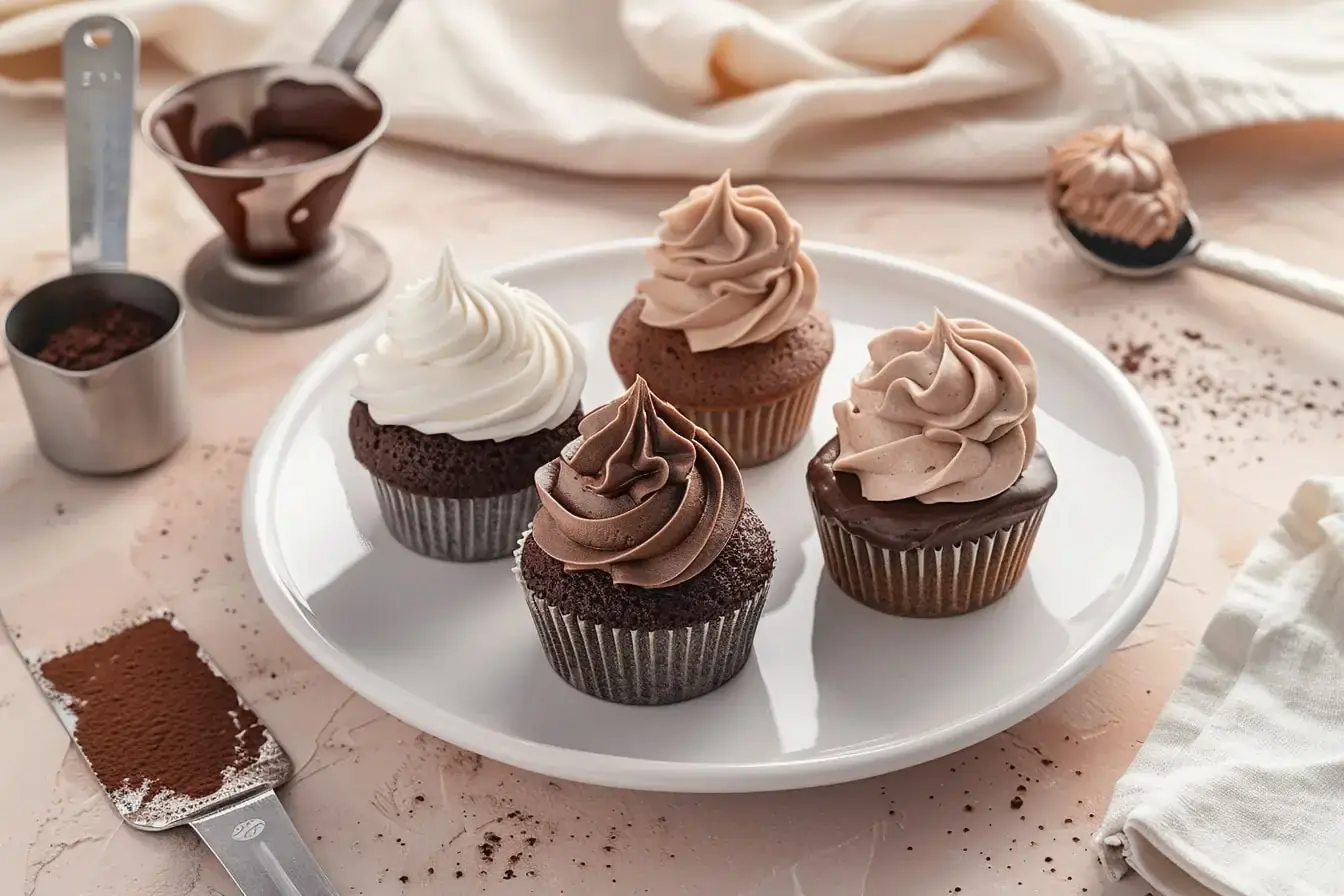 Four chocolate cupcakes with different chocolate frosting styles on a white plate with baking tools.chocolate cake frosting recipes