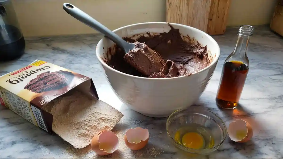 Step 1 of chocolate crinkle cookies using cake mix – mixing thick chocolate cookie dough in one bowl with eggs, oil, and vanilla on a marble counter in a bright kitchen