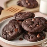 Homemade chocolate cake mix cookies with soft centers on a white plate