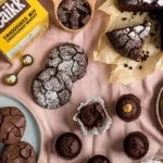 Various chocolate cake mix recipes including cookies, cupcakes, and cake slices made from boxed mix