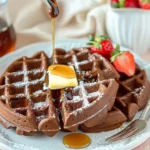 Chocolate waffles made from cake mix topped with butter, maple syrup, and strawberries.chocolate cake mix waffles
