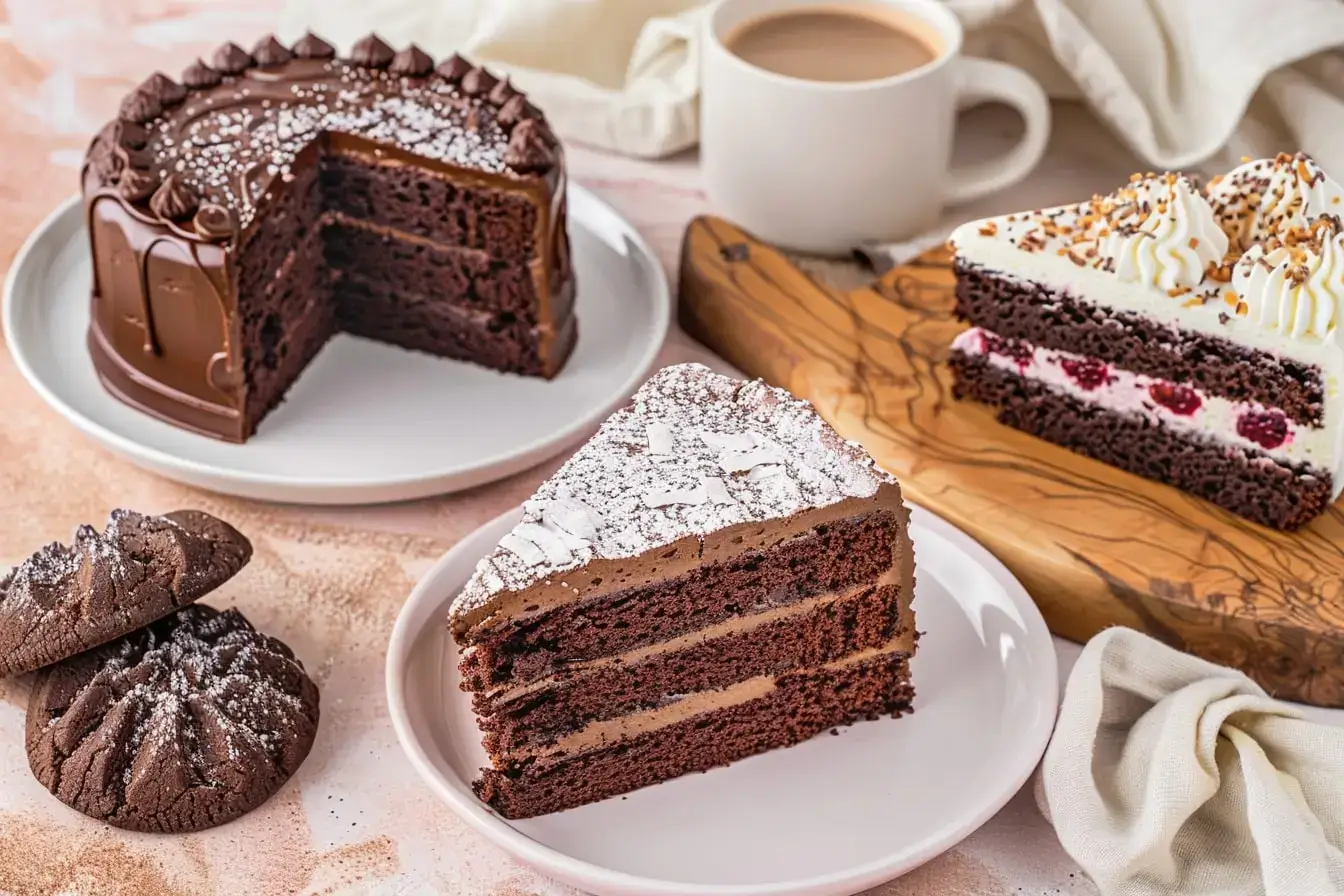 Collection of chocolate cake recipes varieties including layer cake, crinkle cookies, German chocolate, and white chocolate raspberry cake