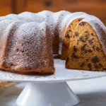 chocolate chip bundt cake Recipe on stand with slice cut