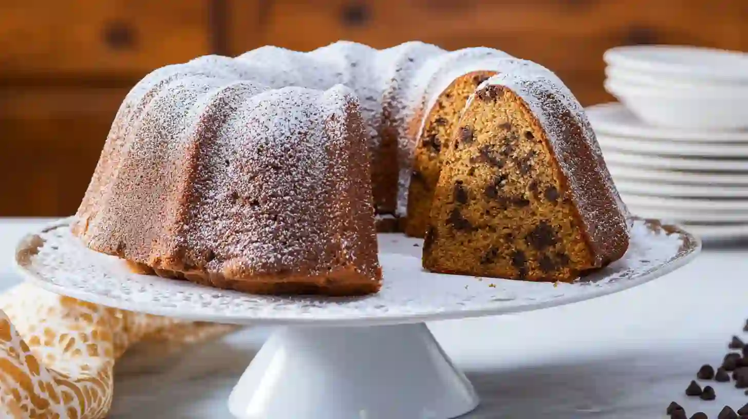 chocolate-chip-bundt-cake-Recipe-featured chocolate chip bundt cake Recipe on stand with slice cut