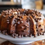 Chocolate Chip Bundt Cake recipe topped with glossy chocolate drizzle and mini chocolate chips on a serving plate