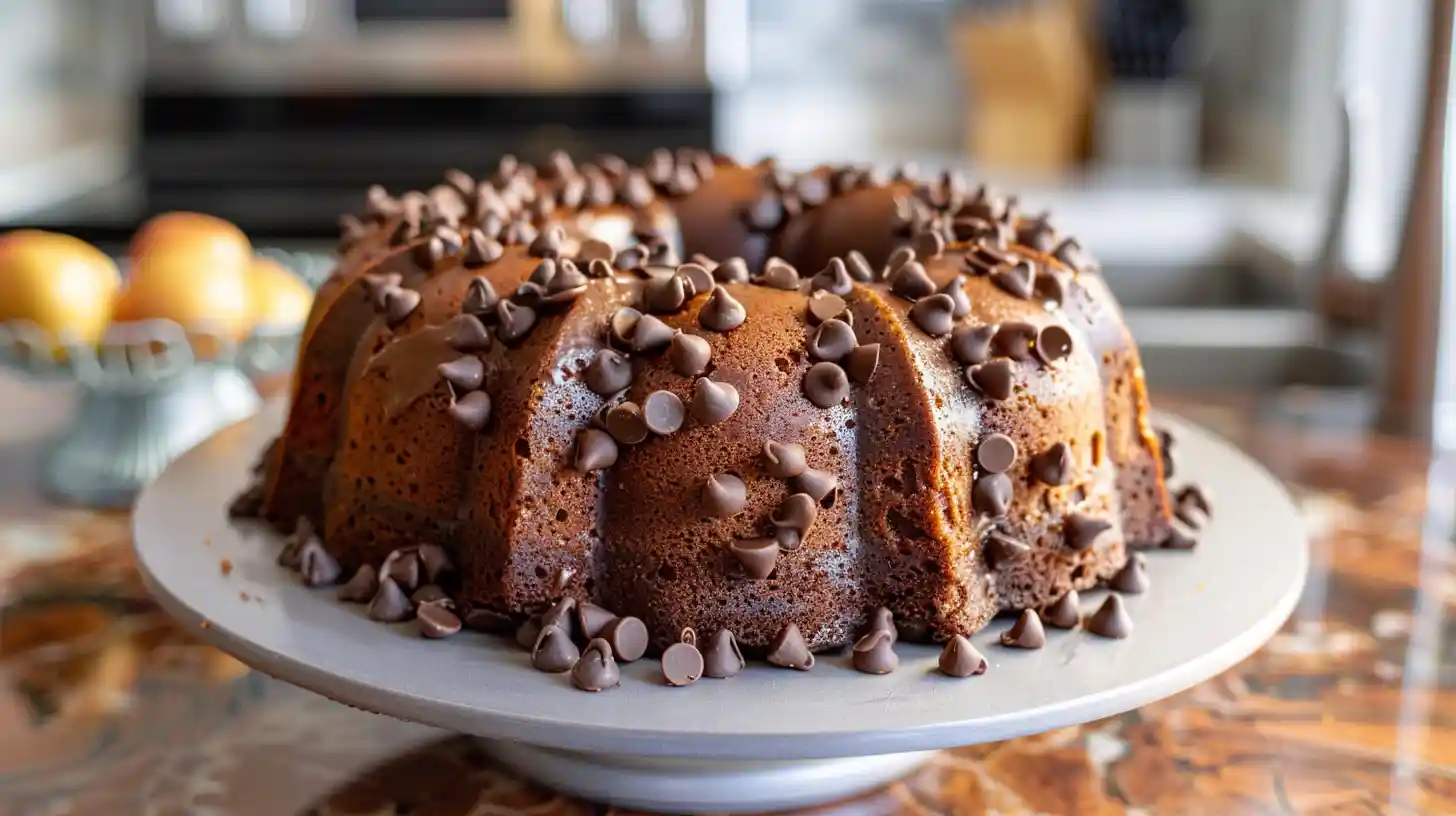 Chocolate Chip Bundt Cake recipe topped with glossy chocolate drizzle and mini chocolate chips on a serving plate