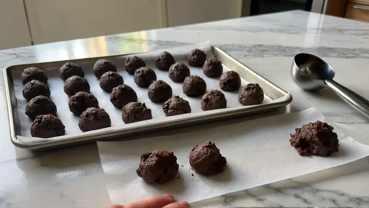 Scooping and flattening chocolate cookie dough balls onto parchment-lined baking sheet — beginner baking recipe with cake mix