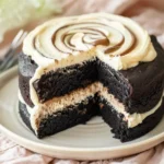 Chocolate cream cheese cake recipe with moist texture and tangy cream cheese frosting, showing a slice revealing the rich interior