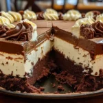 Chocolate Cream Cheese Cake recipe with rich chocolate cake layers, thick cream cheese filling, glossy chocolate topping, and piped frosting on top