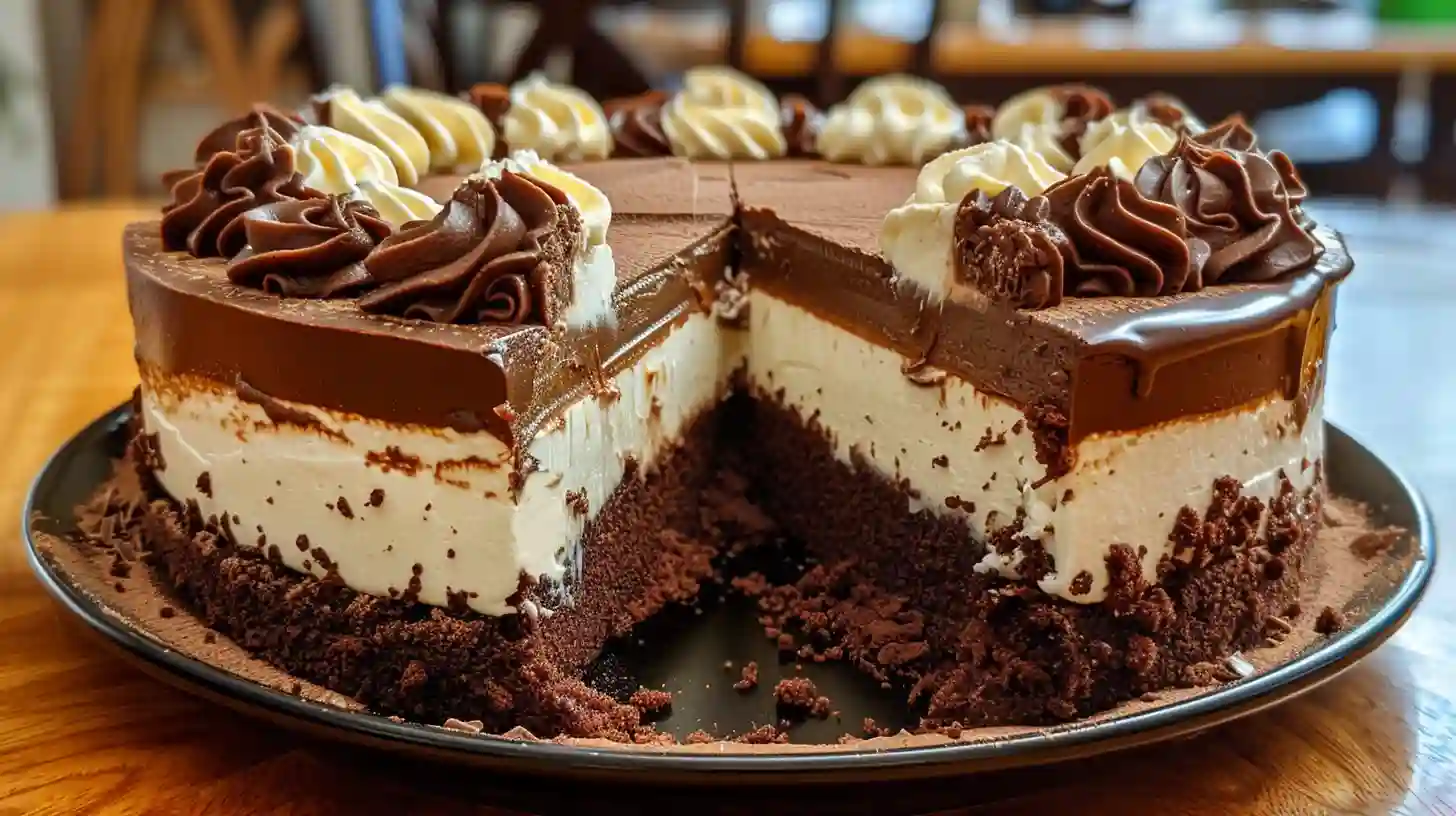 Chocolate Cream Cheese Cake recipe with rich chocolate cake layers, thick cream cheese filling, glossy chocolate topping, and piped frosting on top
