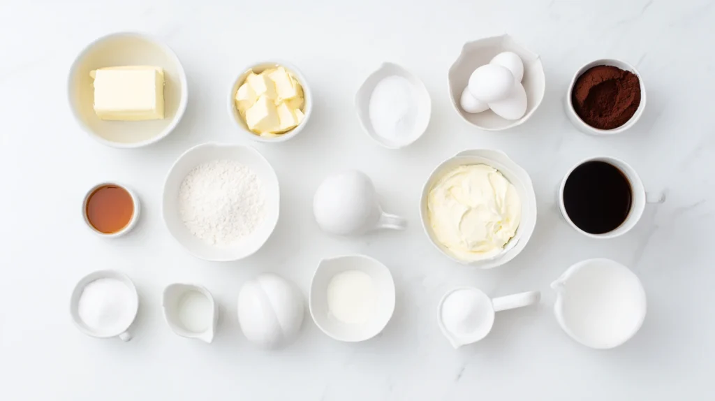 Ingredients for Chocolate Cream Cheese Cake with cocoa powder, cream cheese, butter, eggs, flour, sugar, buttermilk, coffee, and frosting ingredients for a rich homemade chocolate dessert recipe