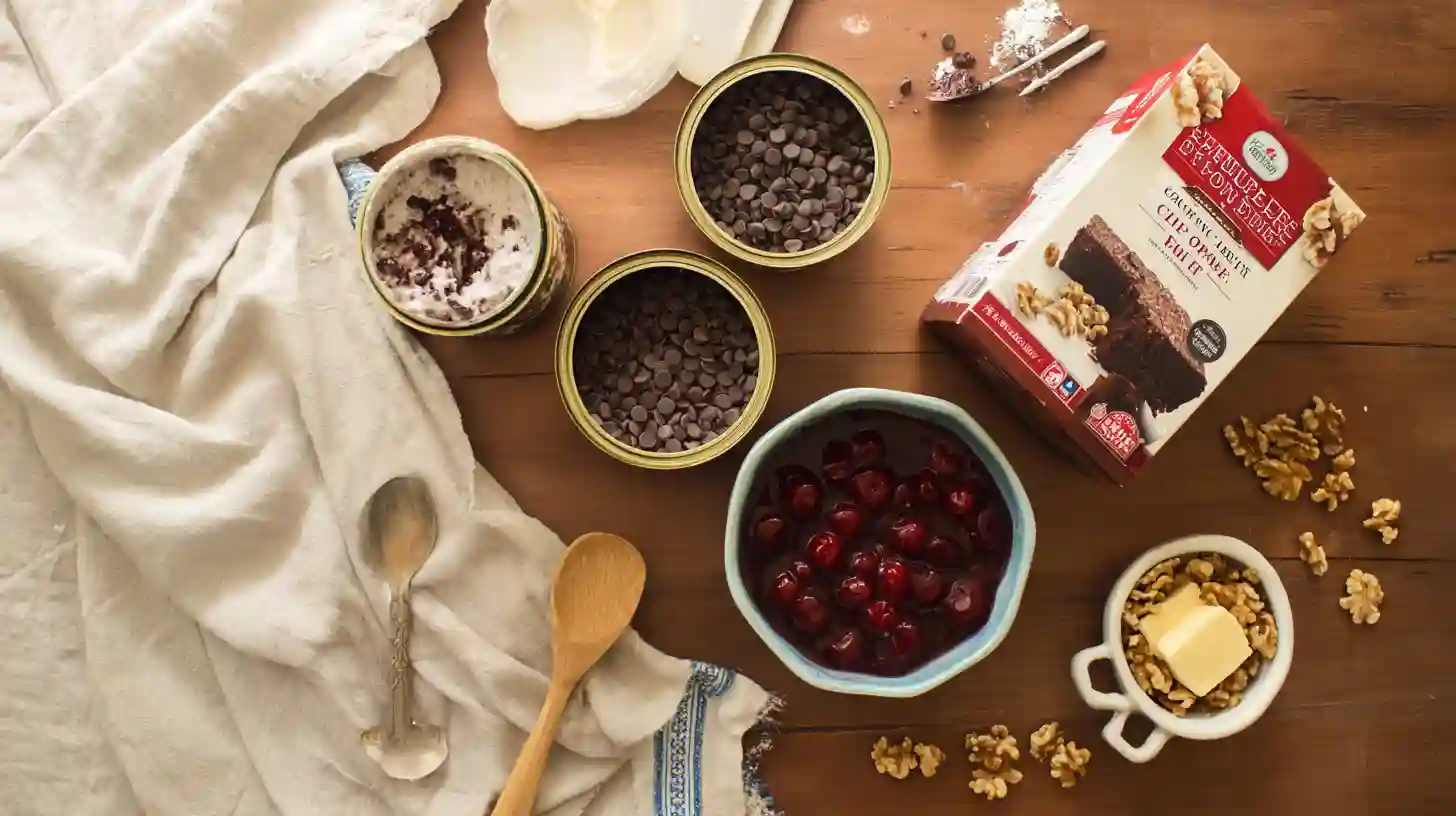 chocolate-dump-cake-from-mix-ingredients-Image Ingredients for chocolate dump cake from mix – easy chocolate dessert with cherry pie filling, chocolate chips, and cake mix