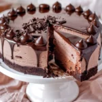 Chocolate ice cream cake recipe showing layers of chocolate cake and ice cream topped with glossy ganache with one slice being removed