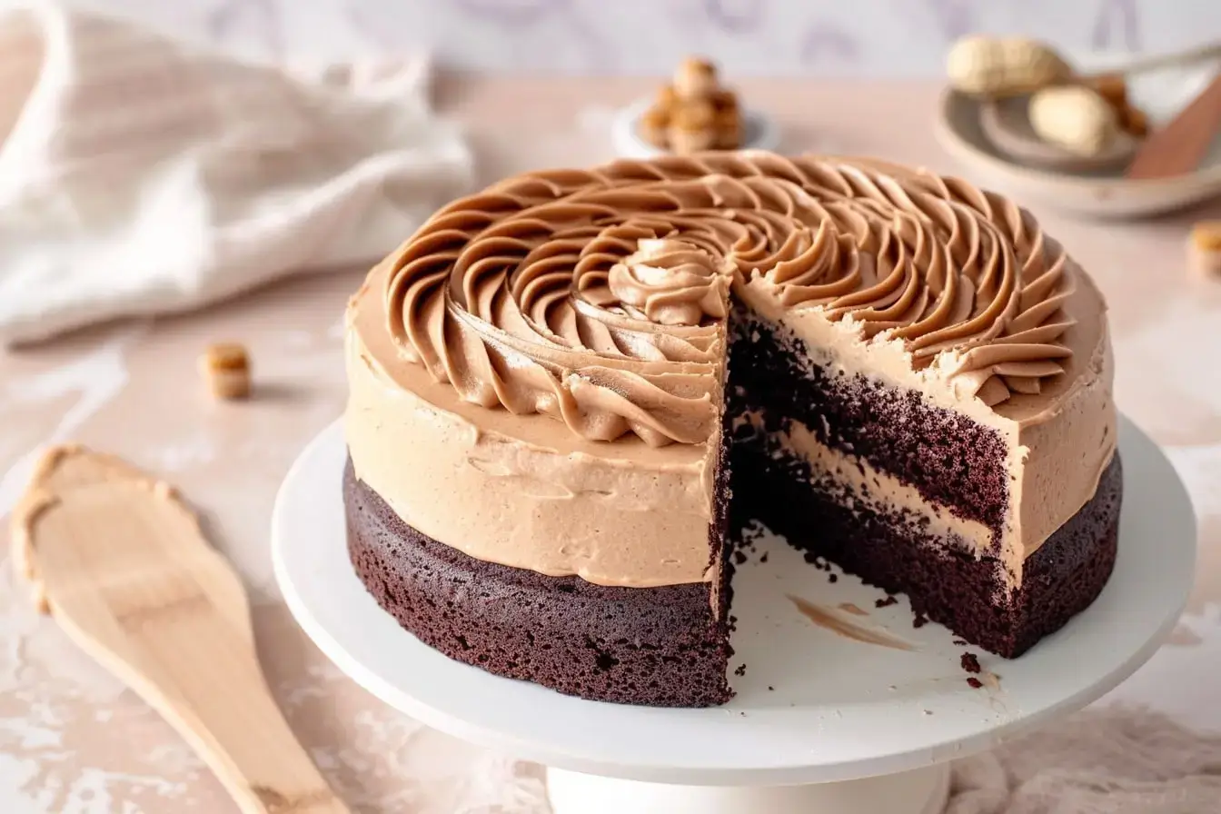 Chocolate peanut butter layer cake with creamy peanut butter frosting and a slice removed showing moist interior.chocolate peanut butter cake mix