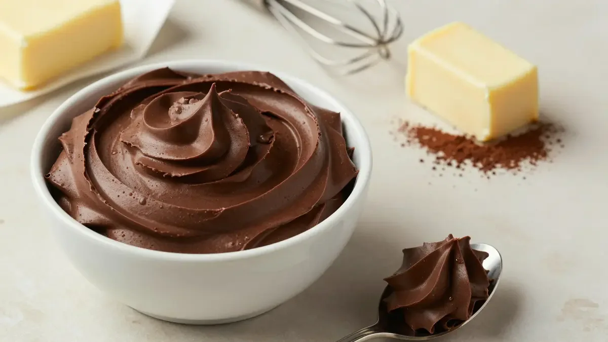 Thick and creamy chocolate buttercream frosting in a bowl with a spoon on marble countertop – easy homemade chocolate cake icing recipe