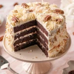 classic german chocolate cake recipe with traditional coconut-pecan frosting between layers and on top with unfrosted sides on cream cake stand