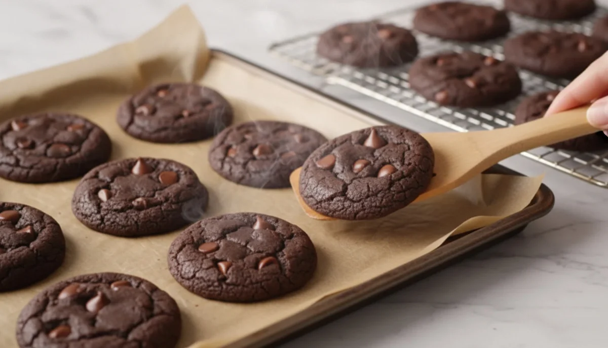 Fresh chocolate cake mix cookies cooling on baking sheet and wire rack — soft and chewy cookie texture tips