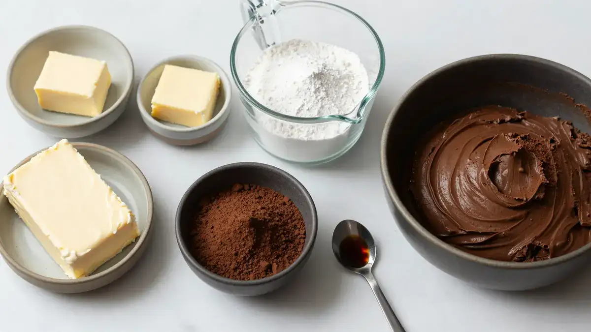 Cream cheese chocolate frosting ingredients flat lay for homemade cakes and cupcakes