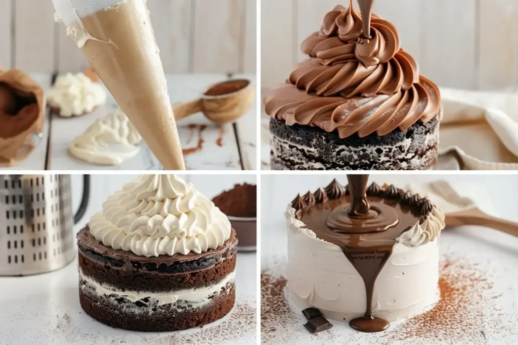 Four different chocolate frosting techniques shown: piping buttercream, spreading cream cheese frosting, pouring ganache, and dolloping whipped frosting.chocolate cake frosting recipes