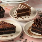 Three chocolate cake varieties on cream plates against blush marble background - layer cake, cupcakes, and fudgy cake square with one piece partially eaten.easy chocolate cake recipes main article