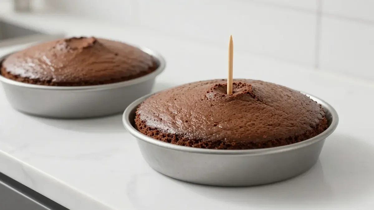 Evenly baked chocolate cake in round pans with toothpick test for doneness – moist bakery-style cake from boxed mix, easy chocolate cake recipe, beginner baking success.