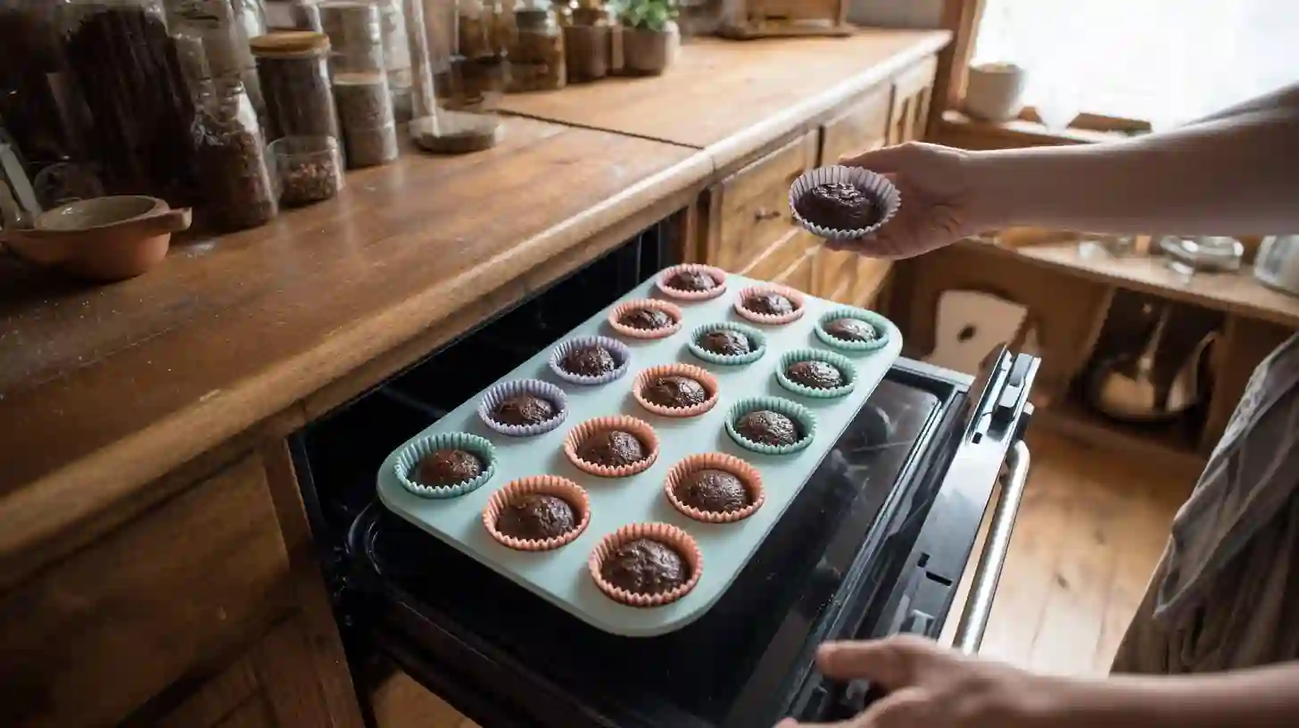 fill-air-fryer-chocolate-cupcakes-silicone-liners Filling silicone cups for air fryer chocolate cupcakes – quick dessert ideas for busy families