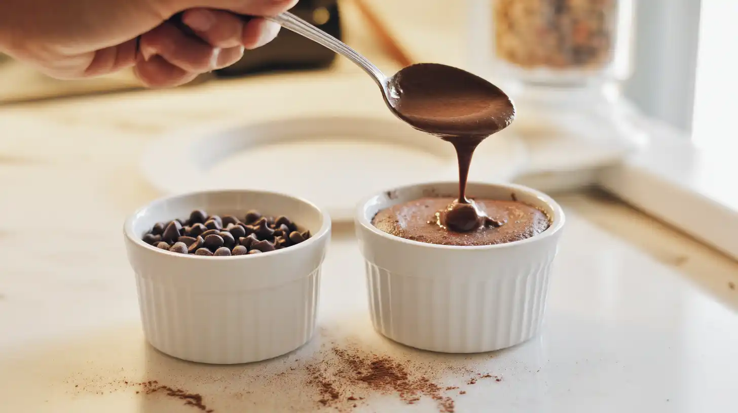 filling-chocolate-lava-cakes-with-chips Layering batter and adding chocolate chips for molten lava cakes Valentine’s Day dessert for couples