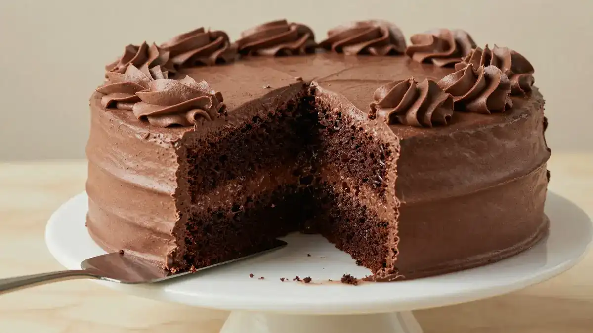 First slice of moist doctored chocolate cake with sour cream and fluffy chocolate frosting – easy bakery-style cake recipe.