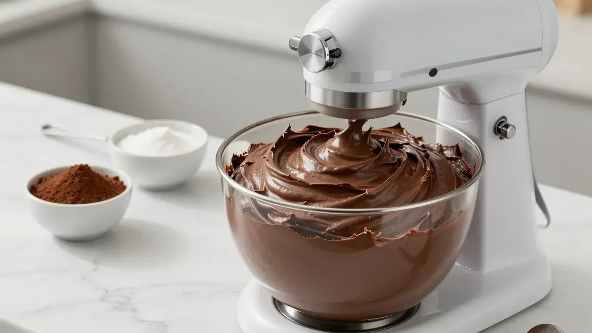 Fluffy homemade chocolate frosting in mixing bowl on marble countertop – baking frosting tutorial for doctored cake mix, rich cocoa buttercream for chocolate layer cakes.