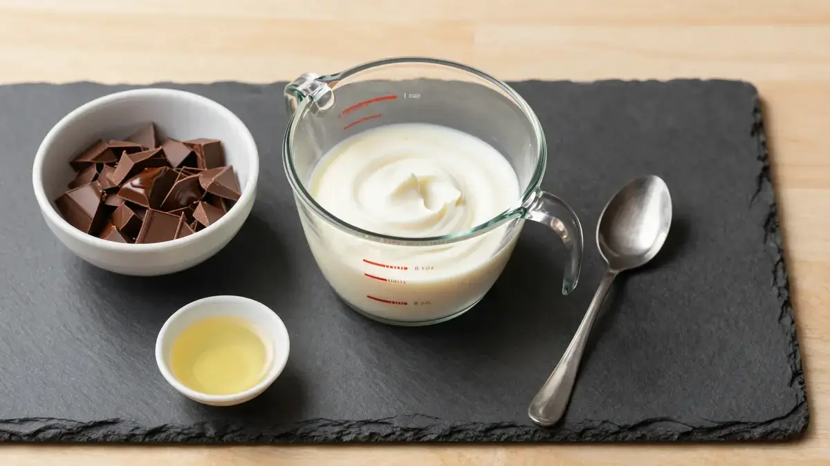 Ganache ingredients including chopped semi-sweet chocolate, heavy cream, and corn syrup for smooth chocolate glaze