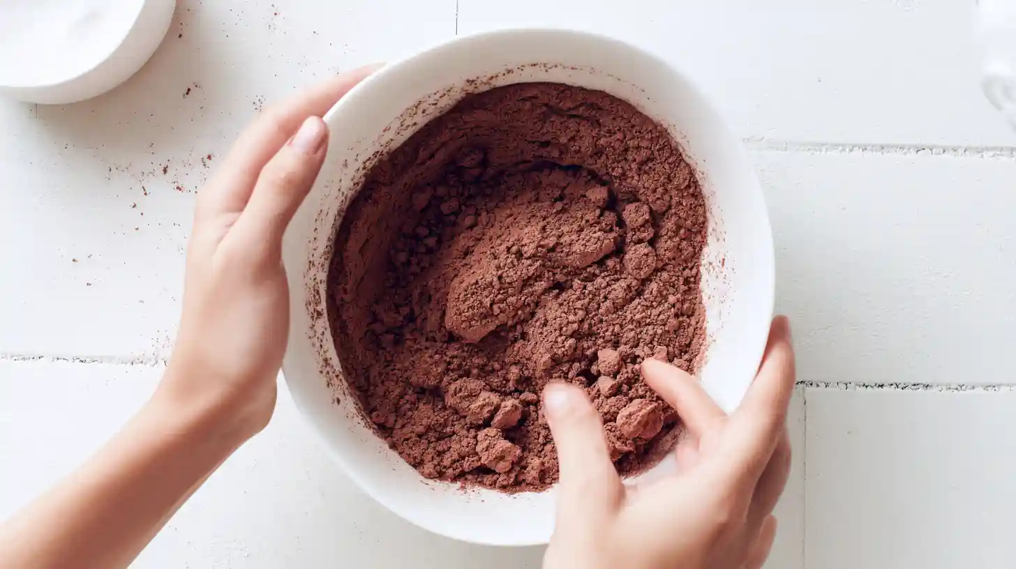 gather-and-sift-gluten-free-cake-mix Gathering and sifting ingredients for gluten-free chocolate cake mix recipe with best gluten-free baking flour for quick gluten-free baking recipes