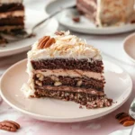 Three german chocolate cake recipes variations featuring classic layer cake, easy cake bars, and pound cake with coconut-pecan frosting on cream plates
