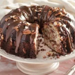 german chocolate pound cake recipe with swirls of coconut-pecan filling throughout and light chocolate glaze on cream cake stand with slice removed